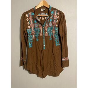 Rods Womens Tunic Small Brown Aztec Embroidered Popover Southwestern Hippie Boho